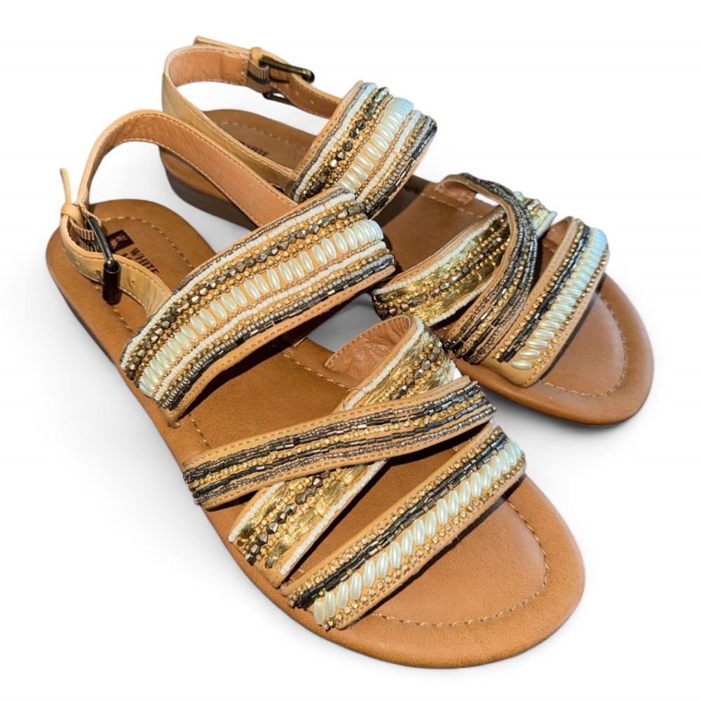 White Mountain 9 Pearl Beaded Embellished Strappy Sandals Flip Flop Faux Leather